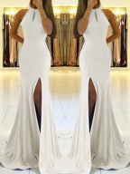 Sheath Halter Sleeveless With Ruffles Stretch Crepe Prom Dresses