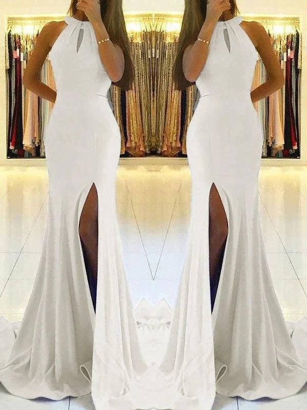Sheath Halter Sleeveless With Ruffles Stretch Crepe Prom Dresses