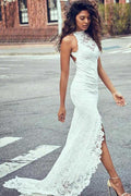 Sheath High Neck Sweep Train Open Back Lace Wedding Dress with Split  WD397