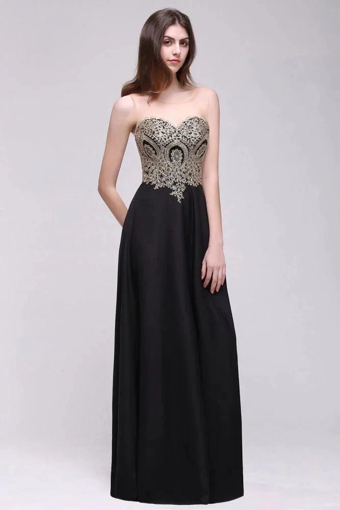 Sheath Scoop Floor-Length Applique Sleeveless Long Black Prom Dresses