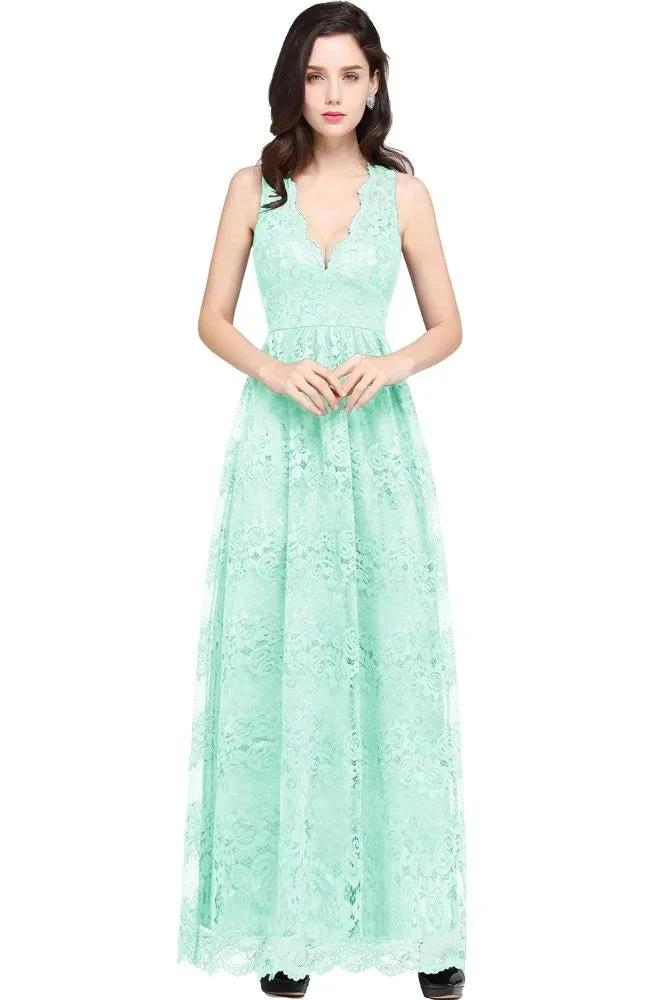 Sheath V-neck Floor-length Lace Navy Blue Prom Dress