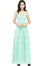 Sheath V-neck Floor-length Lace Navy Blue Prom Dress