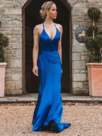 Sheath/Column Elastic Woven Silk like Satin Ruched Sleeveless V-neck Prom Dresses