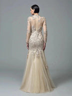 Sheath/Column High Neck Applique Long Sleeves Long Net Prom Dresses