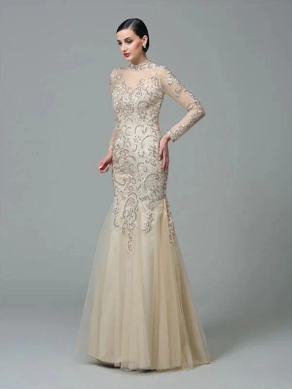 Sheath/Column High Neck Applique Long Sleeves Long Net Prom Dresses