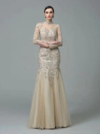 Sheath/Column High Neck Applique Long Sleeves Long Net Prom Dresses