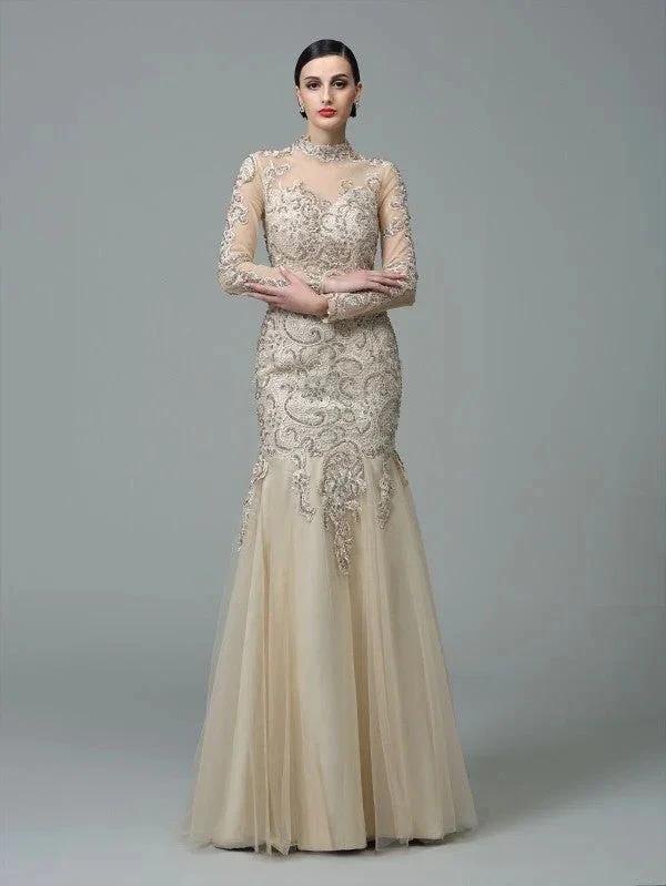 Sheath/Column High Neck Applique Long Sleeves Long Net Prom Dresses