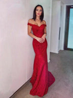 Sheath/Column Off-the-Shoulder Sleeveless Lace Ruffles Prom Dresses