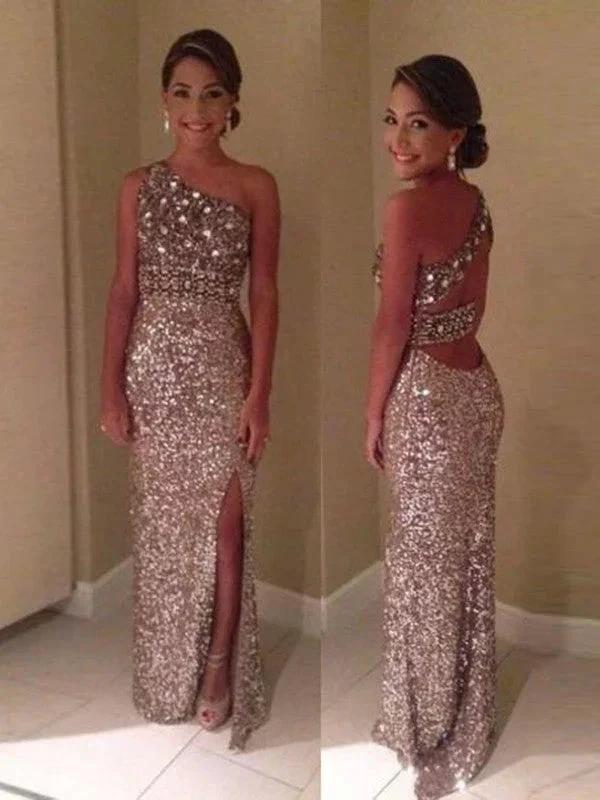 Sheath/Column One-Shoulder Sleeveless Sequins Floor-Length Prom Dresses