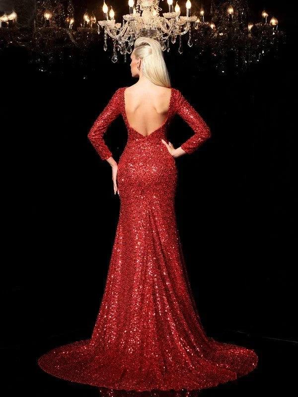 Sheath/Column Scoop Sequin Long Sleeves Long Sequins Prom Dresses