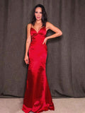 Sheath/Column Silk like Satin Spaghetti Straps Ruffles Sleeveless Prom Dresses
