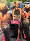 Sheath/Column Sleeveless Halter Beading Chiffon Two Piece Prom Dresses