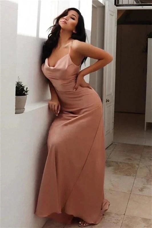 Sheath/Column Spaghetti Straps Satin Ruched Sleeveless Prom Dresses