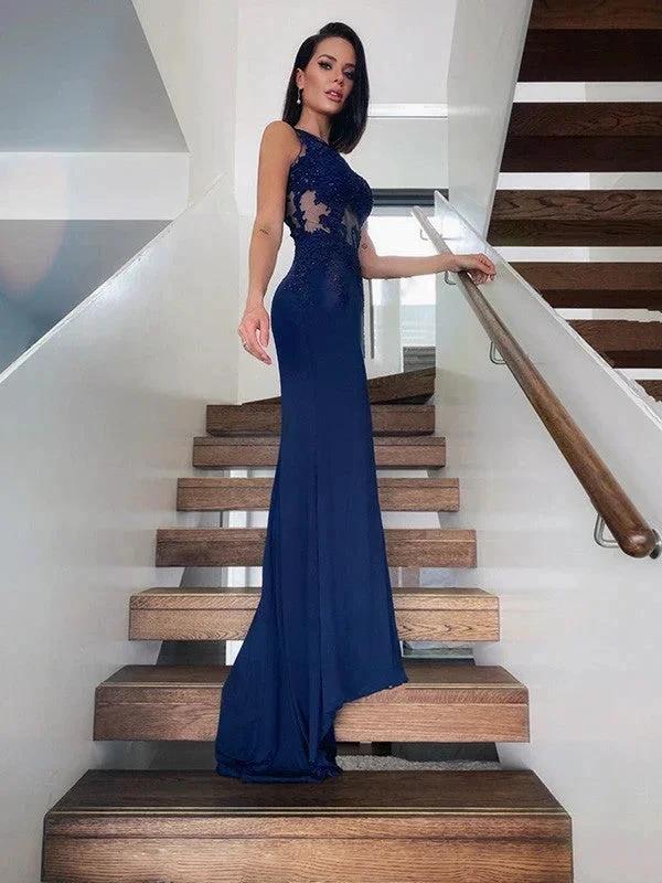 Sheath/Column Spandex Sleeveless Applique Scoop Prom Dresses
