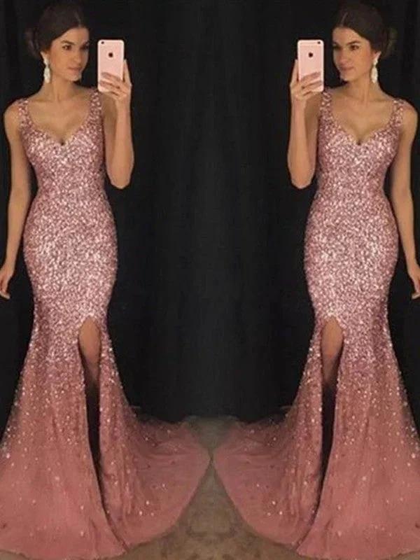 Sheath/Column Sweetheart Sleeveless Sequin Tulle Prom Dresses