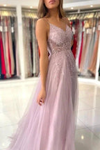Shimmers Pink Spaghettistraps Sleeveless Column Tulle Floor-Length Prom Dresses with Beadings