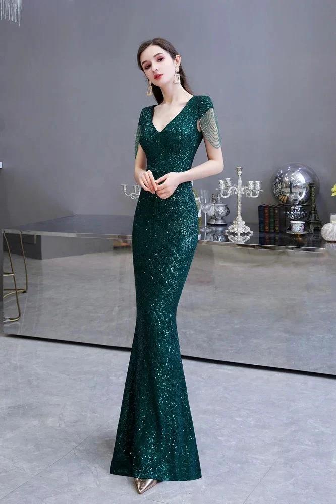 Shining Sequins Emerald Green Mermaid Evening Party Gown with  Tassels Sleeves
