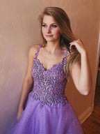 Shiny A-line V Neck Open Back Tulle Lace Long Prom Formal Evening Dresses