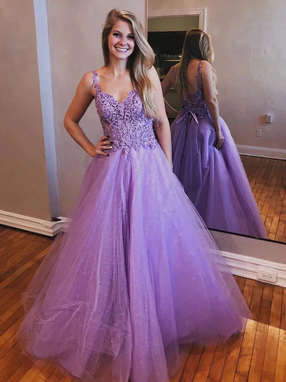 Shiny A-line V Neck Open Back Tulle Lace Long Prom Formal Evening Dresses