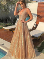 Shiny A-line V Neck Sparkly Backless Long Prom Formal Graduation Evening Dresses