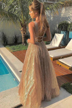 Shiny A-line V Neck Sparkly Backless Long Prom Formal Graduation Evening Dresses