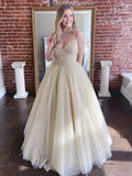 Shiny A-line V Neck Tulle Long Prom Formal Evening Dresses