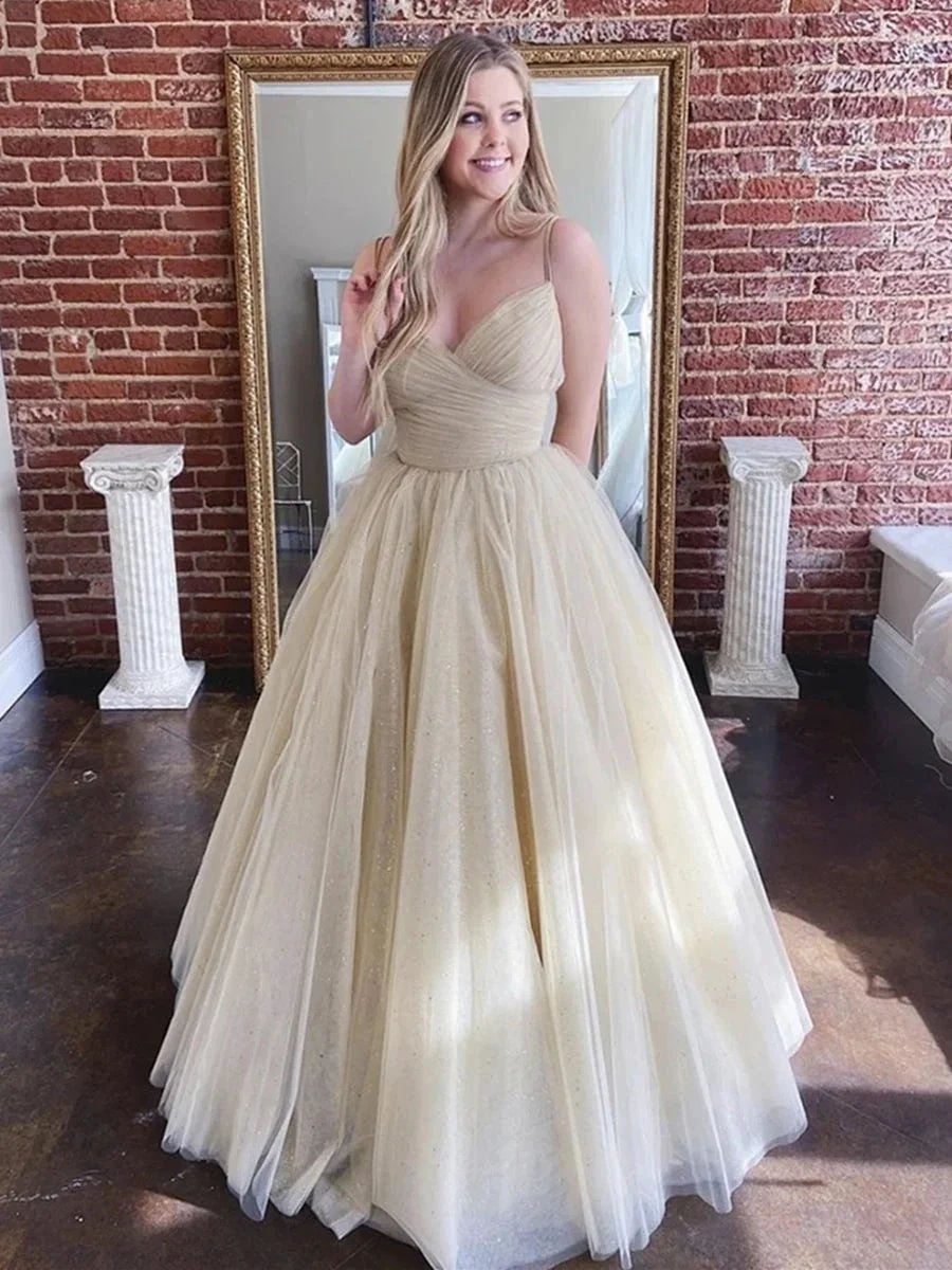Shiny A-line V Neck Tulle Long Prom Formal Evening Dresses