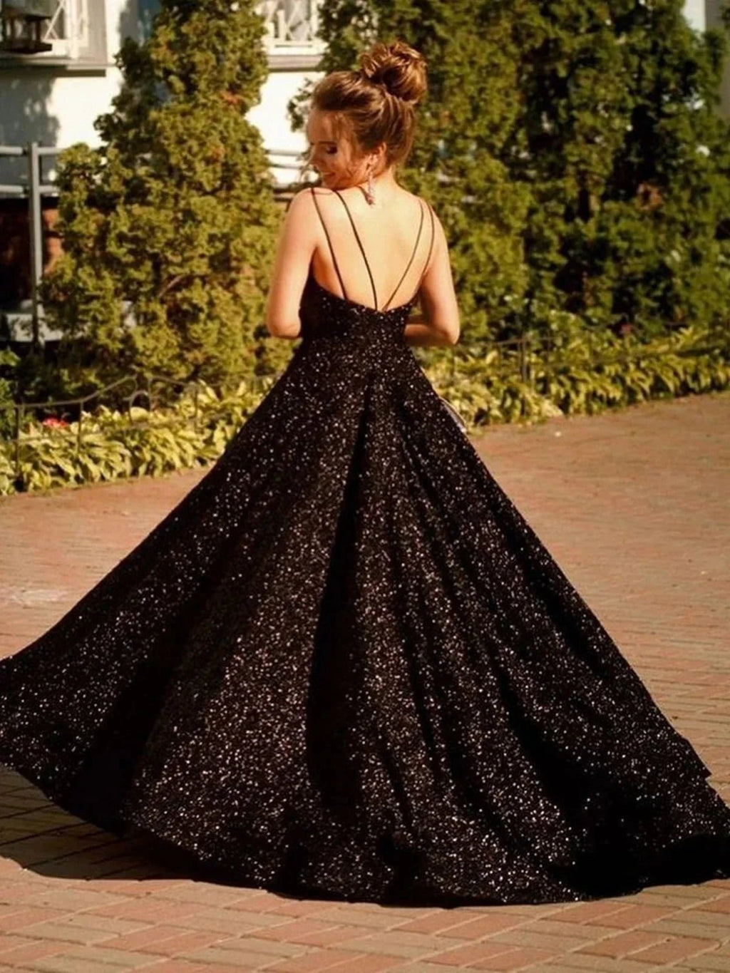 Shiny Black Long A-line V-neck Sequined Backless Formal Prom Dresses