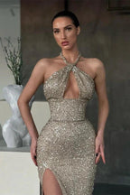 Shiny Halter Slim Prom Dress with Side Split & Sweep Train