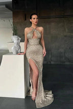 Shiny Halter Slim Prom Dress with Side Split & Sweep Train