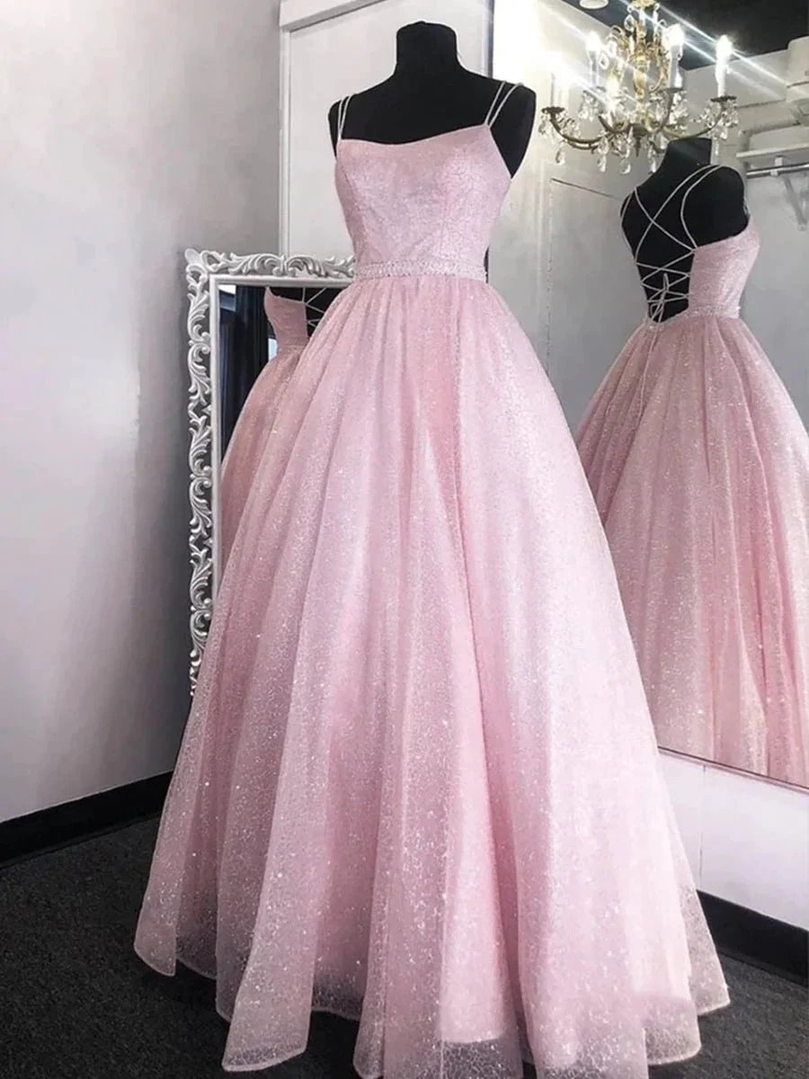 Shiny Long A-line Sequins Backless Prom Formal Graduation Evening Dresses
