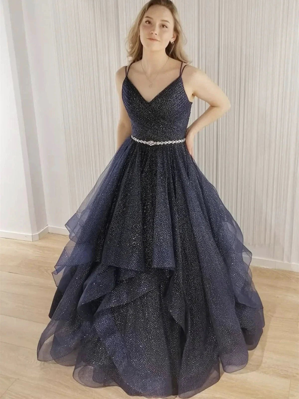Shiny Long A-line V-neck Tulle Beading Open Back Formal Prom Dresses