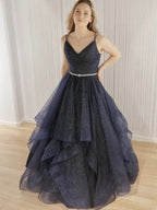 Shiny Long A-line V-neck Tulle Beading Open Back Formal Prom Dresses