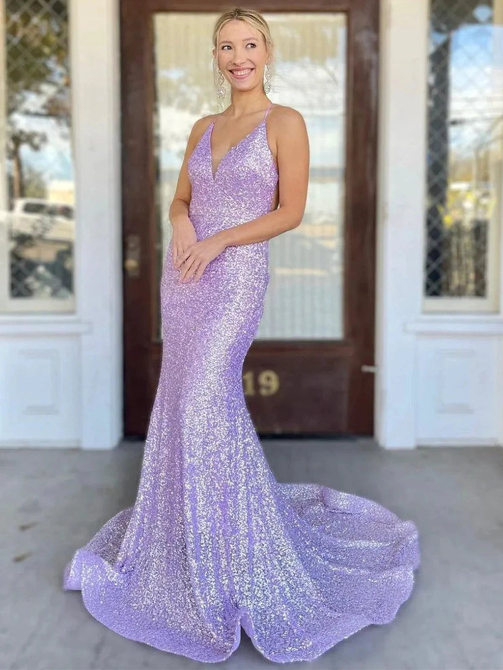 Shiny Long Mermaid V-neck Backless Sequins Formal Evening Prom Dresses