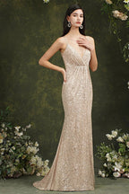 Shiny Sequins Spaghetti Straps V-neck Floor-length Mermaid Bridesmaid/Prom Dress