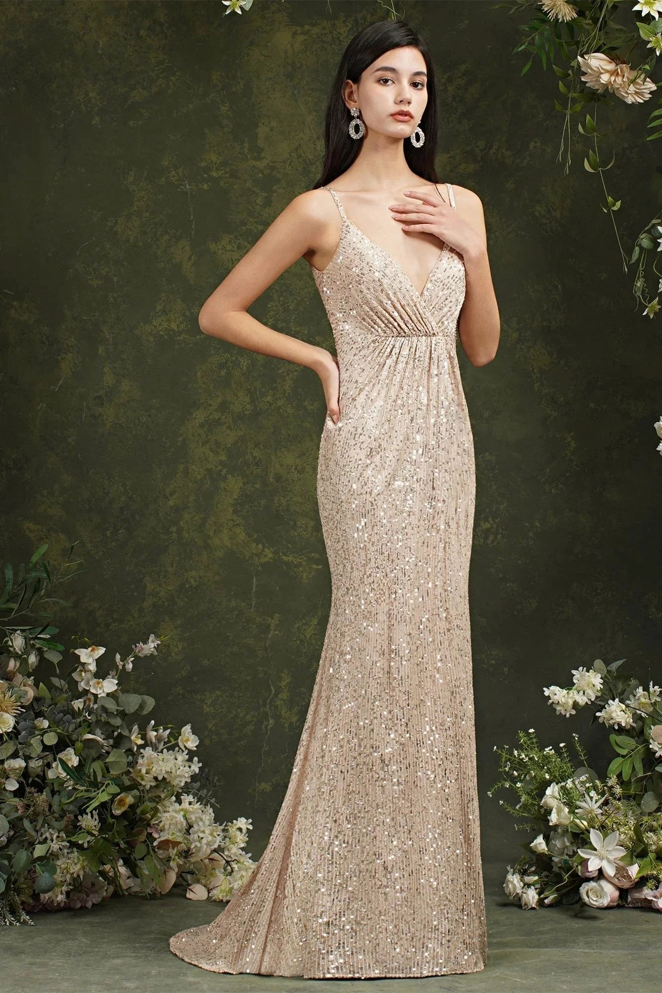 Shiny Sequins Spaghetti Straps V-neck Floor-length Mermaid Bridesmaid/Prom Dress