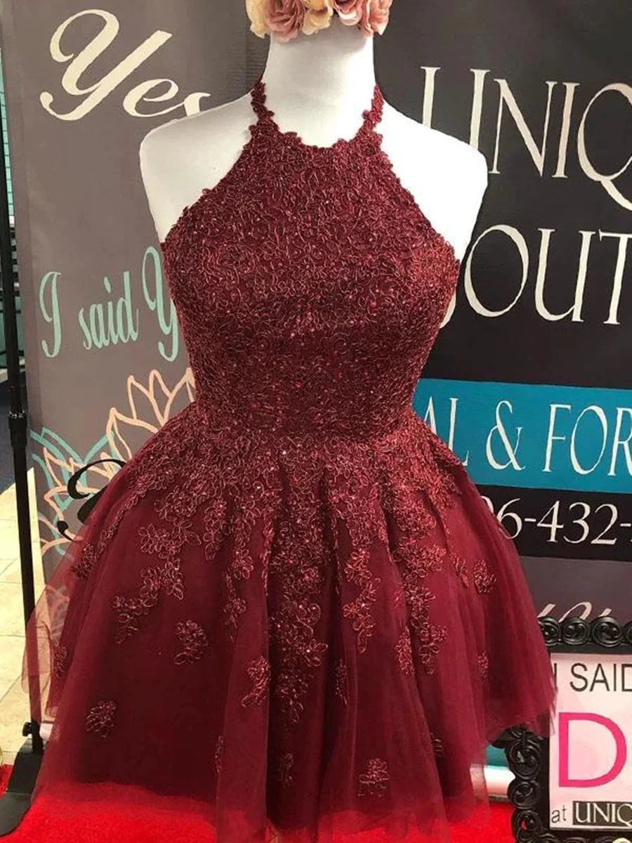 Short A-line Halter Lace Tulle Backless Prom Homecoming Dresses