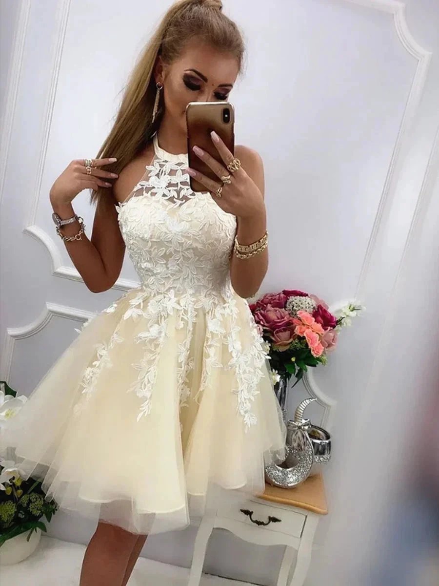 Short A-line Halter Tulle Lace Prom Homecoming Dresses