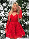 Short A-line Lace Red Long Sleeves Prom Dresses