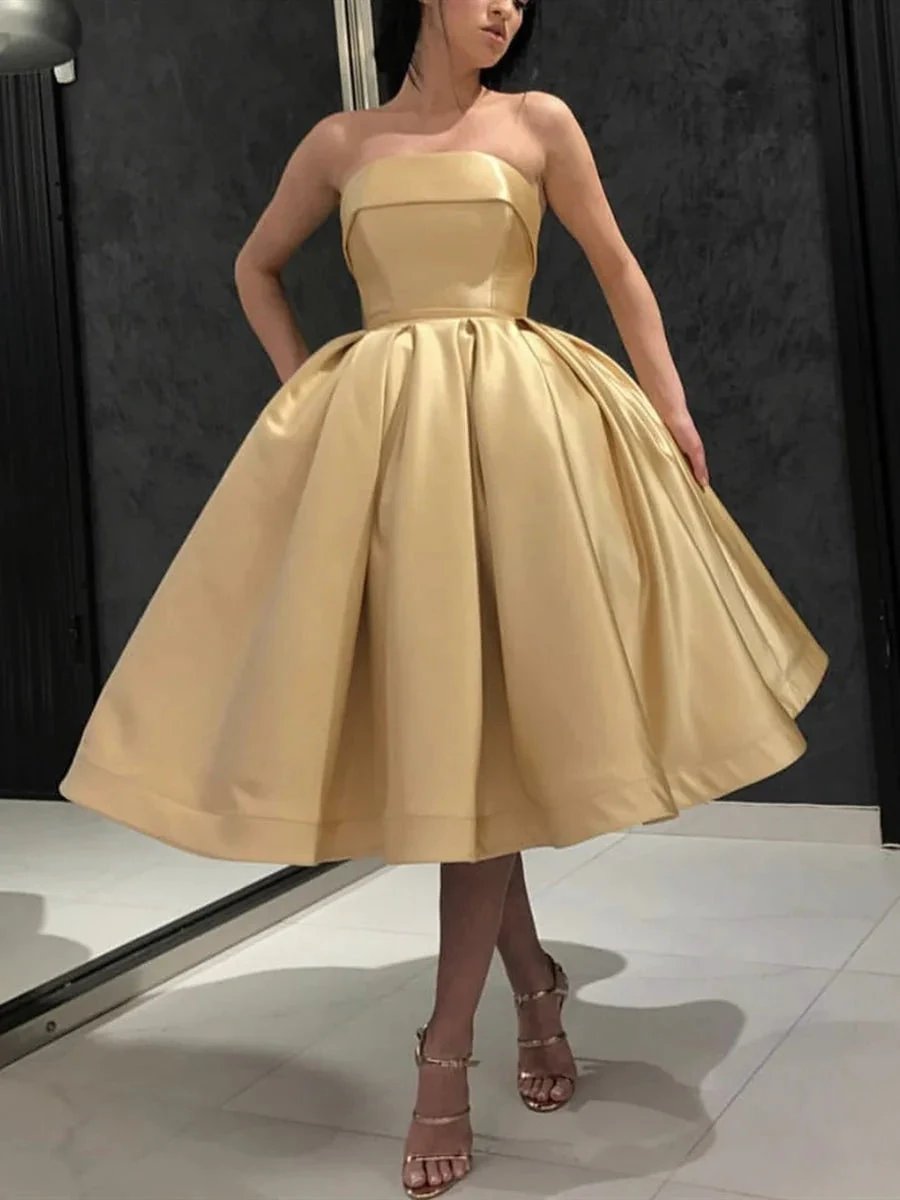 Short A-line Strapless Satin Prom Homecoming Dresses Tea Length Formal Gowns