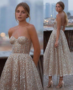 Short A-Line Sweetheart Sequins Ankle-length Backless Prom Dress