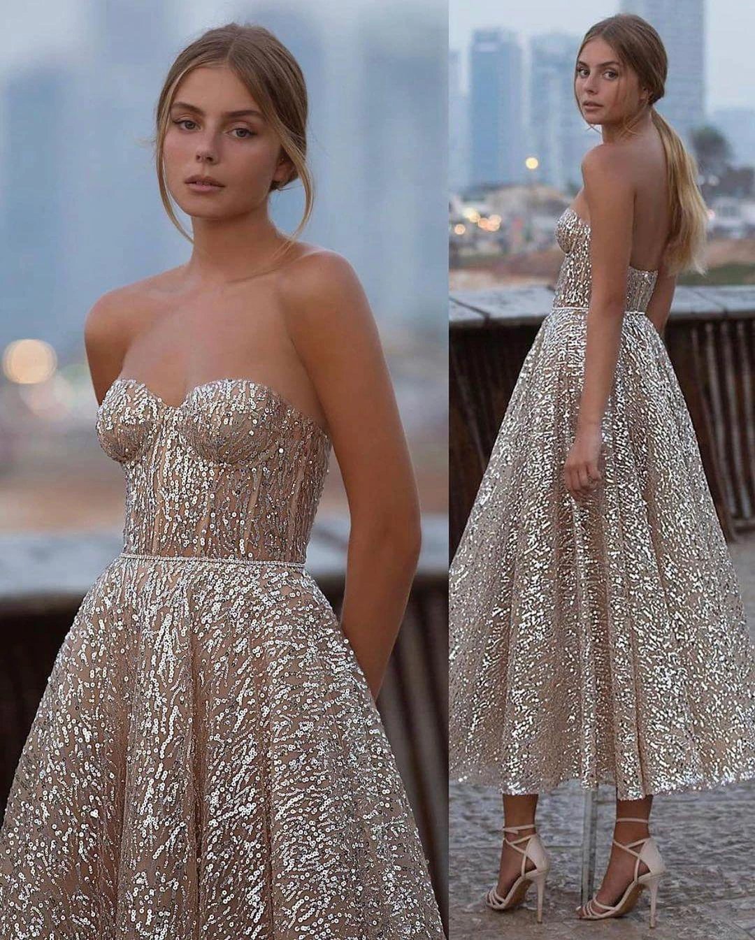 Short A-Line Sweetheart Sequins Ankle-length Backless Prom Dress