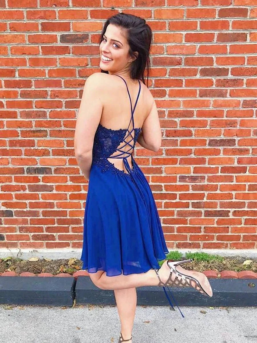 Short A-line V-neck Chiffon Lace Backless Beaded Prom Homecoming Dresses