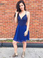 Short A-line V-neck Chiffon Lace Backless Beaded Prom Homecoming Dresses