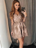 Short A-line V-neck Lace Appliques Prom Homecoming Dresses with Sleeves