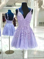 Short A-line V-neck Lace Tulle Backless Prom Dress Pink Homecoming Dresses