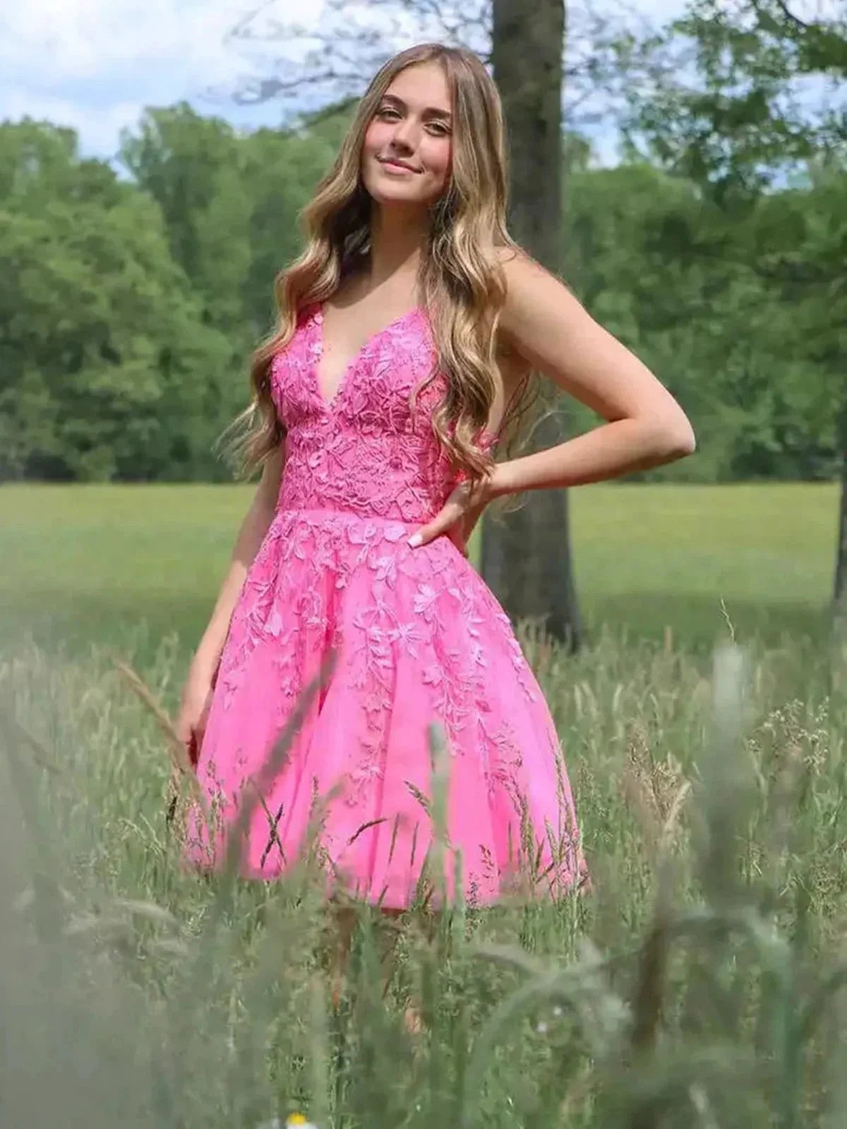 Short A-line V-neck Lace Tulle Backless Prom Dress Pink Homecoming Dresses