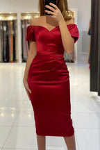 Short Mermaid Off the Shoulder Satin Tea Length Formal Prom Dresses with Sleeves
