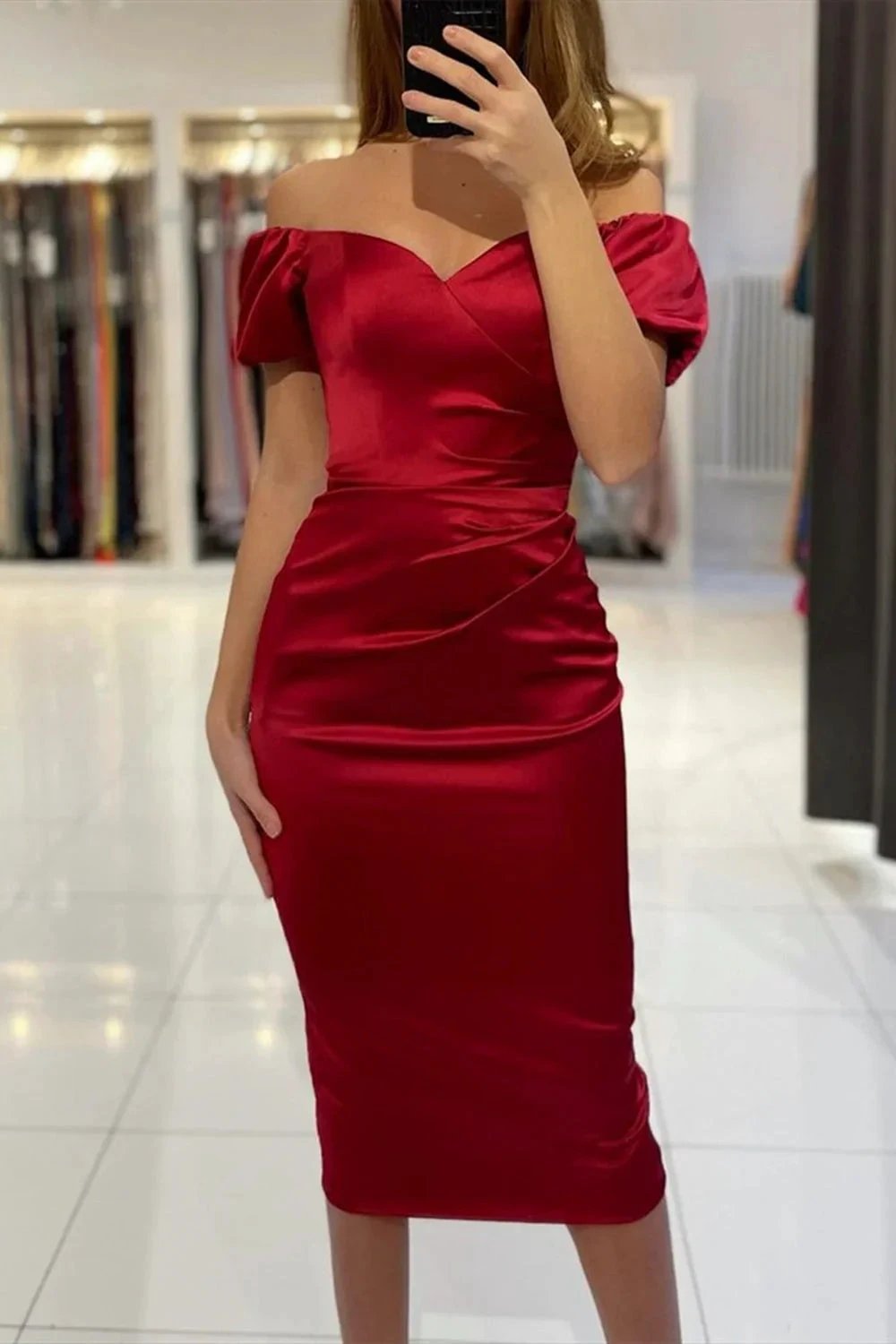 Short Mermaid Off the Shoulder Satin Tea Length Formal Prom Dresses with Sleeves