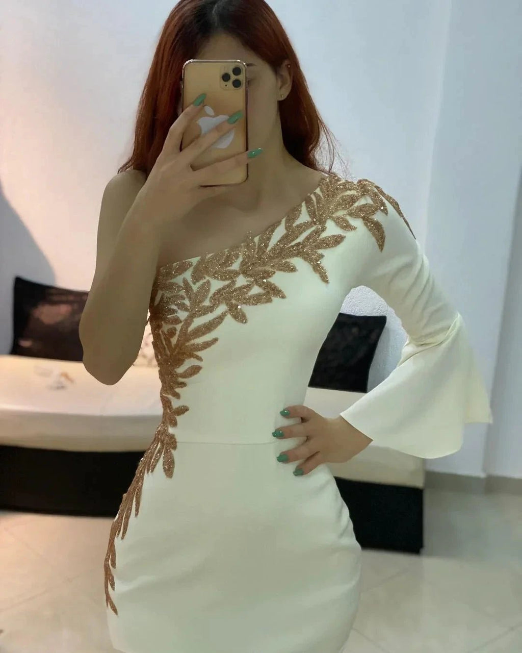 Short Mermaid One Shoulder Satin Formal Dress with Sleeves